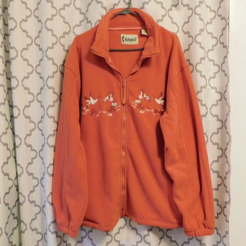Kokopelli Vintage Dark Coral Fleece Jacket W/Hummingbirds - XXL